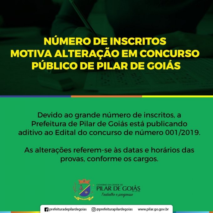 NÃºmero de inscritos motiva alteraÃ§Ã£o em concurso pÃºblico de Pilar de GoiÃ¡s